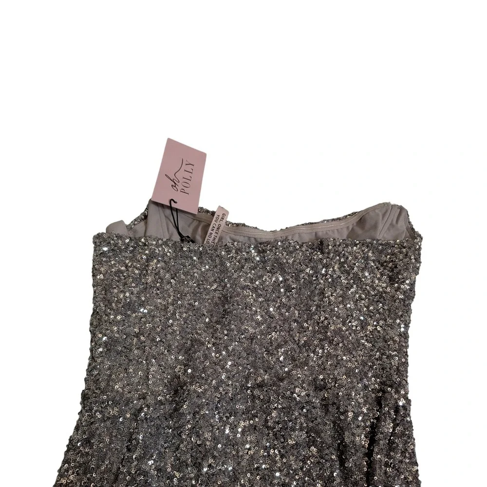 Oh Polly Jasella Embellished Corset Gown Silver Sequin Maxi Dress Sz 14 NEW Prom